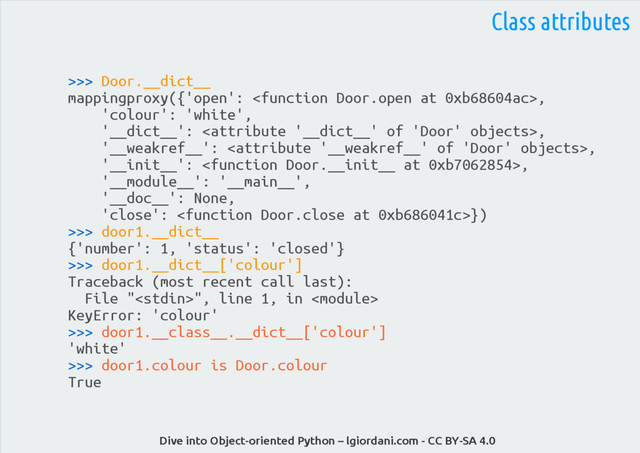 Dive into Object-oriented Python – lgiordani.com - CC BY-SA 4.0
>>> Door.__dict__
mappingproxy({'open': ,
'colour': 'white',
'__dict__': ,
'__weakref__': ,
'__init__': ,
'__module__': '__main__',
'__doc__': None,
'close': })
>>> door1.__dict__
{'number': 1, 'status': 'closed'}
>>> door1.__dict__['colour']
Traceback (most recent call last):
File "", line 1, in 
KeyError: 'colour'
>>> door1.__class__.__dict__['colour']
'white'
>>> door1.colour is Door.colour
True
Class attributes
