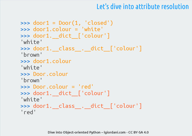 Dive into Object-oriented Python – lgiordani.com - CC BY-SA 4.0
Let's dive into attribute resolution
>>> door1 = Door(1, 'closed')
>>> door1.colour = 'white'
>>> door1.__dict__['colour']
'white'
>>> door1.__class__.__dict__['colour']
'brown'
>>> door1.colour
'white'
>>> Door.colour
'brown'
>>> Door.colour = 'red'
>>> door1.__dict__['colour']
'white'
>>> door1.__class__.__dict__['colour']
'red'
