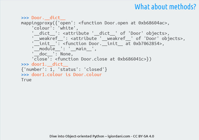 Dive into Object-oriented Python – lgiordani.com - CC BY-SA 4.0
>>> Door.__dict__
mappingproxy({'open': ,
'colour': 'white',
'__dict__': ,
'__weakref__': ,
'__init__': ,
'__module__': '__main__',
'__doc__': None,
'close': })
>>> door1.__dict__
{'number': 1, 'status': 'closed'}
>>> door1.colour is Door.colour
True
What about methods?
