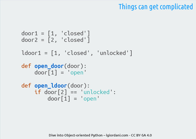 Dive into Object-oriented Python – lgiordani.com - CC BY-SA 4.0
door1 = [1, 'closed']
door2 = [2, 'closed']
ldoor1 = [1, 'closed', 'unlocked']
def open_door(door):
door[1] = 'open'
def open_ldoor(door):
if door[2] == 'unlocked':
door[1] = 'open'
Things can get complicated
