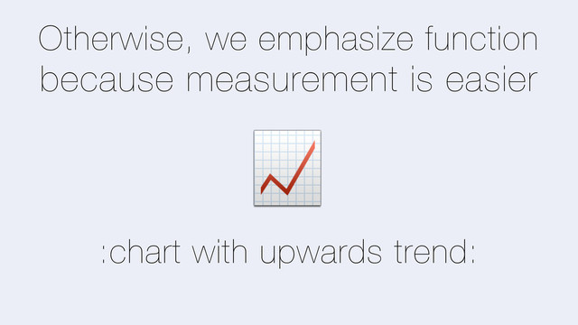 Otherwise, we emphasize function
because measurement is easier
/
:chart with upwards trend:

