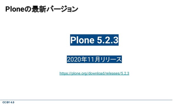 CC BY 4.0
Ploneの最新バージョン
Plone 5.2.3
2020年11月リリース
https://plone.org/download/releases/5.2.3
