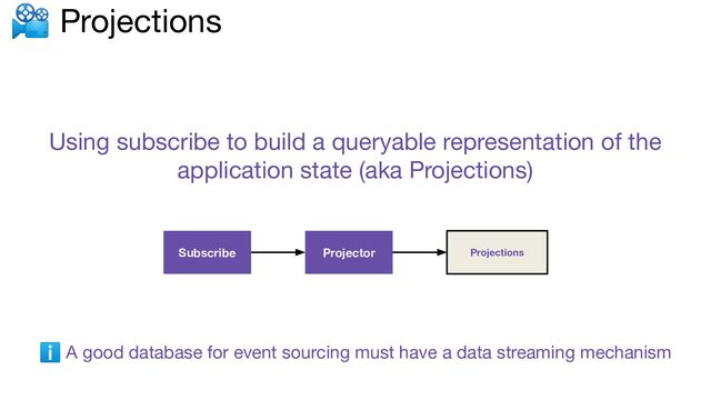 📽 Projections
Using subscribe to build a queryable representation of the
application state (aka Projections)
Subscribe Projections
Projector
ℹ A good database for event sourcing must have a data streaming mechanism
