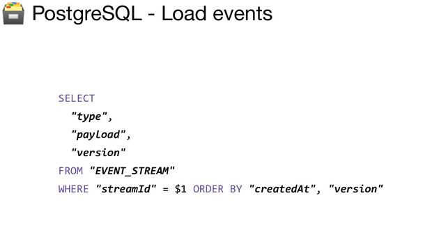🗃 PostgreSQL - Load events
SELECT
"type",
"payload",
"version"
FROM "EVENT_STREAM"
WHERE "streamId" = $1 ORDER BY "createdAt", "version"
