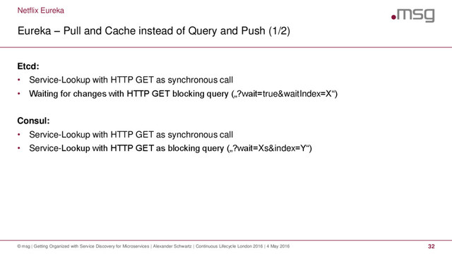 Netflix Eureka
Eureka – Pull and Cache instead of Query and Push (1/2)
© msg | Getting Organized with Service Discovery for Microservices | Alexander Schwartz | Continuous Lifecycle London 2016 | 4 May 2016 32
Etcd:
• Service-Lookup with HTTP GET as synchronous call
• Waiting for changes with HTTP GET blocking query („?wait=true&waitIndex=X“)
Consul:
• Service-Lookup with HTTP GET as synchronous call
• Service-Lookup with HTTP GET as blocking query („?wait=Xs&index=Y“)
