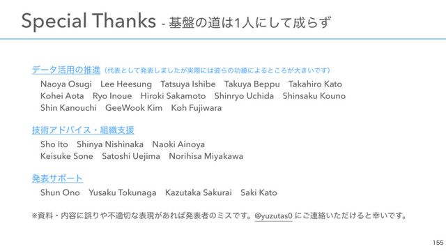 σʔλ׆༻ͷਪਐʢ୅දͱͯ͠ൃද͠·͕࣮ͨ͠ࡍʹ͸൴Βͷޭ੷ʹΑΔͱ͜Ζ͕େ͖͍Ͱ͢ʣ
ɹNaoya OsugiɹLee HeesungɹTatsuya IshibeɹTakuya BeppuɹTakahiro Kato 
ɹKohei AotaɹRyo InoueɹHiroki SakamotoɹShinryo UchidaɹShinsaku Kouno 
ɹShin KanouchiɹGeeWook KimɹKoh Fujiwara 
ٕज़ΞυόΠεɾ૊৫ࢧԉ
ɹSho ItoɹShinya NishinakaɹNaoki Ainoya 
ɹKeisuke SoneɹSatoshi UejimaɹNorihisa Miyakawa
ൃදαϙʔτ
ɹShun OnoɹYusaku TokunagaɹKazutaka SakuraiɹSaki Kato
※ࢿྉɾ಺༰ʹޡΓ΍ෆద੾ͳදݱ͕͋Ε͹ൃදऀͷϛεͰ͢ɻ@yuzutas0 ʹ͝࿈བྷ͍͚ͨͩΔͱ޾͍Ͱ͢ɻ

ɹSpecial Thanks - ج൫ͷಓ͸1ਓʹͯ͠੒Βͣ
