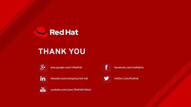 THANK YOU
plus.google.com/+RedHat
youtube.com/user/RedHatVideos
facebook.com/redhatinc
twitter.com/RedHat
linkedin.com/company/red-hat
