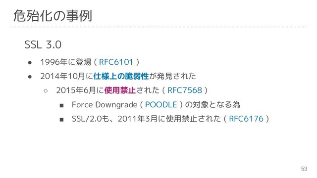 53
危殆化の事例
SSL 3.0
● 1996年に登場 ( RFC6101 )
● 2014年10月に仕様上の脆弱性が発見された
○ 2015年6月に使用禁止された ( RFC7568 )
■ Force Downgrade ( POODLE ) の対象となる為
■ SSL/2.0も、2011年3月に使用禁止された ( RFC6176 )
