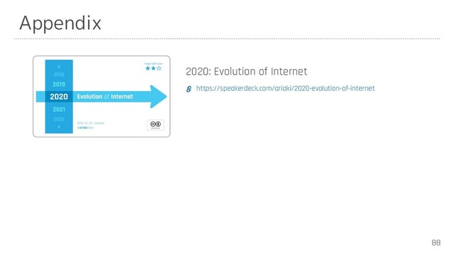 88
Appendix
https://speakerdeck.com/ariaki/2020-evolution-of-internet
2020: Evolution of Internet
