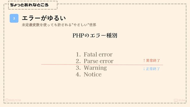 2022/7/18 37/66
ちょっとあれなところ
PHPのエラー種別
未定義変数を使っても許される”やさしい”世界
3
エラーがゆるい
1. Fatal error
2. Parse error
3. Warning
4. Notice
↑異常終了
↓正常終了
