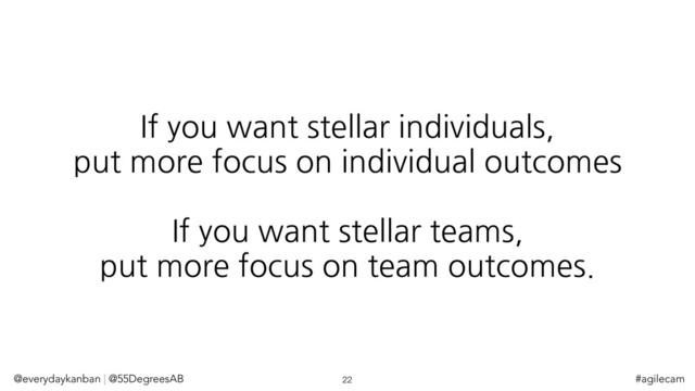 If you want stellar individuals,
put more focus on individual outcomes
If you want stellar teams,
put more focus on team outcomes.
@everydaykanban | @55DegreesAB 22 #agilecam
