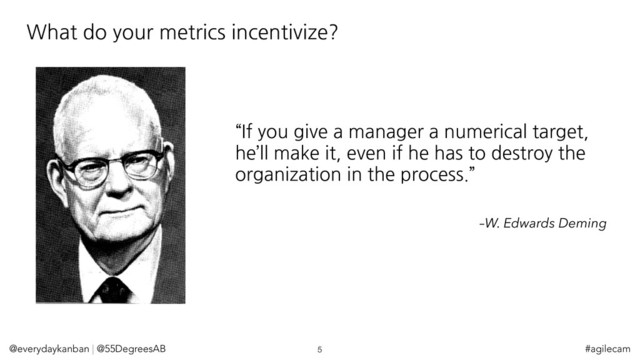 What do your metrics incentivize?
@everydaykanban | @55DegreesAB 5 #agilecam
–W. Edwards Deming
“If you give a manager a numerical target,
he’ll make it, even if he has to destroy the
organization in the process.”
