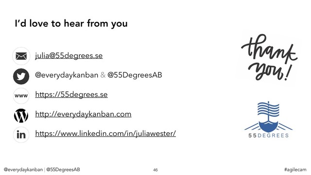 @everydaykanban | @55DegreesAB 46 #agilecam
julia@55degrees.se
@everydaykanban & @55DegreesAB
https://55degrees.se
http://everydaykanban.com
https://www.linkedin.com/in/juliawester/
I’d love to hear from you
