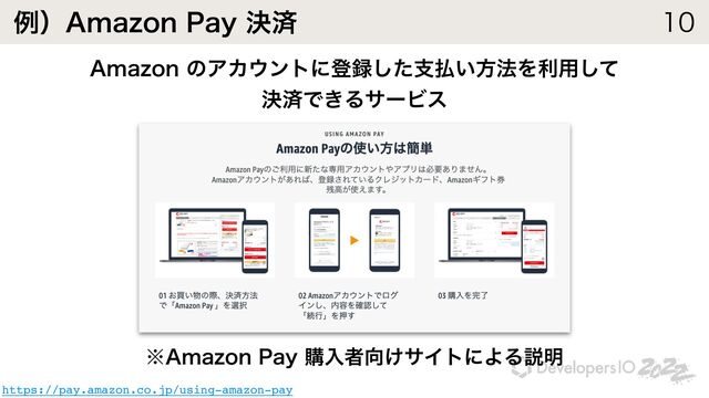 ྫʣ"NB[PO1BZܾࡁ 
https://pay.amazon.co.jp/using-amazon-pay
"NB[POͷΞΧ΢ϯτʹొ࿥ͨ͠ࢧ෷͍ํ๏Λར༻ͯ͠
ܾࡁͰ͖ΔαʔϏε
˞"NB[PO1BZߪೖऀ޲͚αΠτʹΑΔઆ໌
