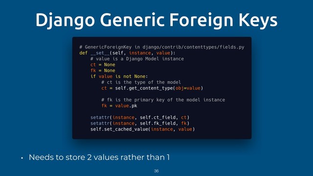 Django Generic Foreign Keys
• Needs to store 2 values rather than 1
36
