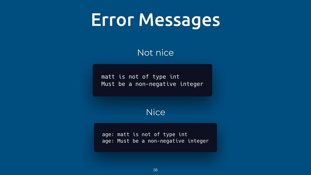 Error Messages
Not nice
Nice
38
