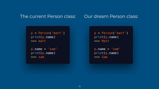 The current Person class: Our dream Person class:
10
