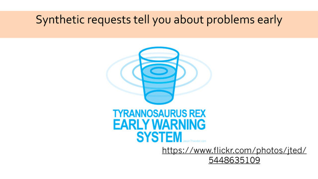 Synthetic requests tell you about problems early
https://www.flickr.com/photos/jted/
5448635109
