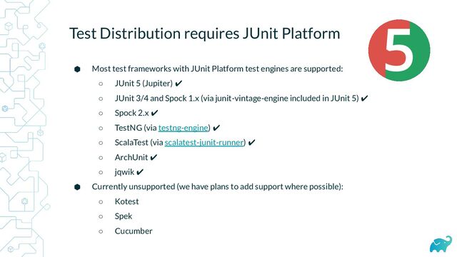 Test Distribution requires JUnit Platform
⬢ Most test frameworks with JUnit Platform test engines are supported:
○ JUnit 5 (Jupiter) ✔
○ JUnit 3/4 and Spock 1.x (via junit-vintage-engine included in JUnit 5) ✔
○ Spock 2.x ✔
○ TestNG (via testng-engine) ✔
○ ScalaTest (via scalatest-junit-runner) ✔
○ ArchUnit ✔
○ jqwik ✔
⬢ Currently unsupported (we have plans to add support where possible):
○ Kotest
○ Spek
○ Cucumber
