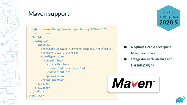 Maven support Gradle
Enterprise
2020.5





maven-surefire-plugin
2.22.2



true







⬢ Requires Gradle Enterprise
Maven extension
⬢ Integrates with Sureﬁre and
Failsafe plugins

