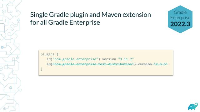 Single Gradle plugin and Maven extension
for all Gradle Enterprise
Gradle
Enterprise
2022.3
plugins {
id("com.gradle.enterprise") version "3.11.2"
id("com.gradle.enterprise.test-distribution") version "2.3.5"
}
