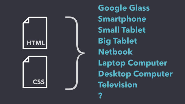 CSS
HTML
}Google Glass
Smartphone
Small Tablet
Big Tablet
Netbook
Laptop Computer
Desktop Computer
Television
?
