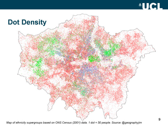19
Map of ethnicity supergroups based on ONS Census (2001) data. 1 dot = 50 people. Source: @geographyjim
Dot Density

