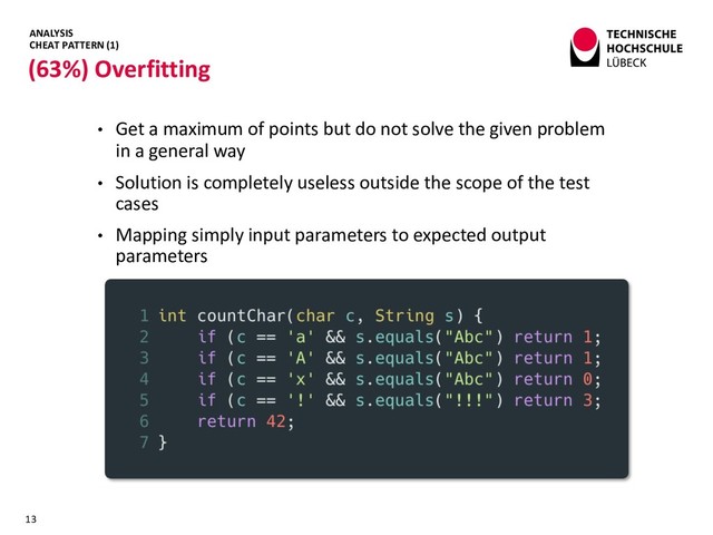 ANALYSIS
CHEAT PATTERN (1)
• Get a maximum of points but do not solve the given problem
in a general way
• Solution is completely useless outside the scope of the test
cases
• Mapping simply input parameters to expected output
parameters
(63%) Overfitting
13
