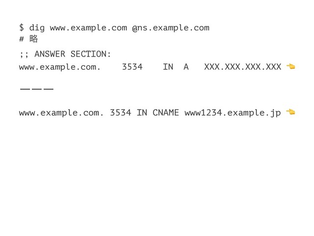 $ dig www.example.com @ns.example.com
# ུ
;; ANSWER SECTION:
www.example.com. 3534 IN A XXX.XXX.XXX.XXX
ʔʔʔ
www.example.com. 3534 IN CNAME www1234.example.jp
