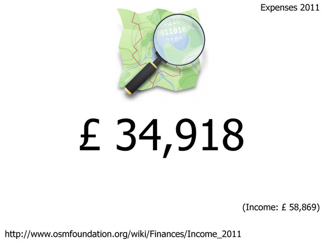 £ 34,918
http://www.osmfoundation.org/wiki/Finances/Income_2011
(Income: £ 58,869)
Expenses 2011
