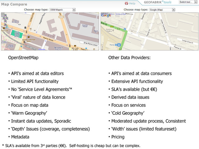 * SLA’s available from 3rd parties (€€). Self-hosting is cheap but can be complex.
OpenStreetMap
• API’s aimed at data editors
• Limited API functionality
• No ‘Service Level Agreements’*
• ‘Viral’ nature of data licence
• Focus on map data
• ‘Warm Geography’
• Instant data updates, Sporadic
• ‘Depth’ Issues (coverage, completeness)
• Metadata
Other Data Providers:
• API’s aimed at data consumers
• Extensive API functionality
• SLA’s available (but €€)
• Derived data issues
• Focus on services
• ‘Cold Geography’
• Moderated update process, Consistent
• ‘Width’ issues (limited featureset)
• Pricing
