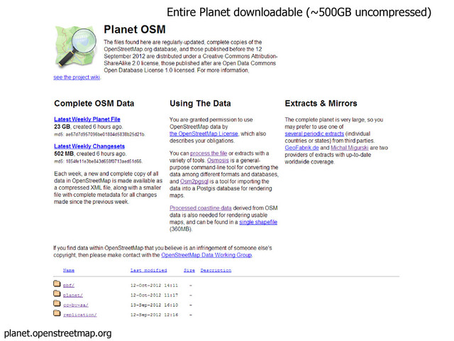 Entire Planet downloadable (~500GB uncompressed)
planet.openstreetmap.org
