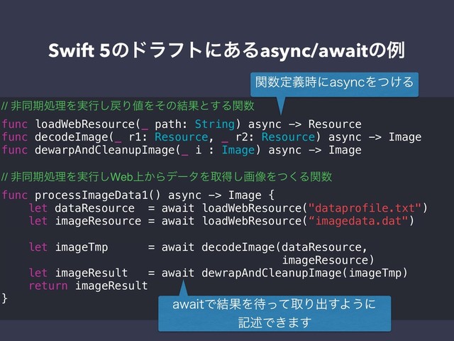Swift 5ͷυϥϑτʹ͋Δasync/awaitͷྫ
// ඇಉظॲཧΛ࣮ߦ͠໭Γ஋Λͦͷ݁Ռͱ͢Δؔ਺
func loadWebResource(_ path: String) async -> Resource
func decodeImage(_ r1: Resource, _ r2: Resource) async -> Image
func dewarpAndCleanupImage(_ i : Image) async -> Image
// ඇಉظॲཧΛ࣮ߦ͠Web্͔ΒσʔλΛऔಘ͠ը૾Λͭ͘Δؔ਺
func processImageData1() async -> Image {
let dataResource = await loadWebResource("dataprofile.txt")
let imageResource = await loadWebResource(“imagedata.dat")
let imageTmp = await decodeImage(dataResource,
imageResource)
let imageResult = await dewrapAndCleanupImage(imageTmp)
return imageResult
}
ؔ਺ఆٛ࣌ʹBTZODΛ͚ͭΔ
BXBJUͰ݁ՌΛ଴ͬͯऔΓग़͢Α͏ʹ
هड़Ͱ͖·͢
