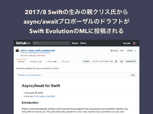2017/8 SwiftͷੜΈͷ਌ΫϦεࢯ͔Β
async/awaitϓϩϙʔβϧͷυϥϑτ͕
Swift EvolutionͷMLʹ౤ߘ͞ΕΔ

