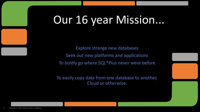 Our 16 year Mission...
Explore strange new databases
Seek out new platforms and applications
To boldly go where SQL*Plus never went before
To easily copy data from one database to another,
Cloud or otherwise.
Copyright © 2021, Oracle and/or its affiliates
2
