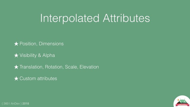 { 360 | AnDev } 2018
Interpolated Attributes
★ Position, Dimensions
★ Visibility & Alpha
★ Translation, Rotation, Scale, Elevation
★ Custom attributes
