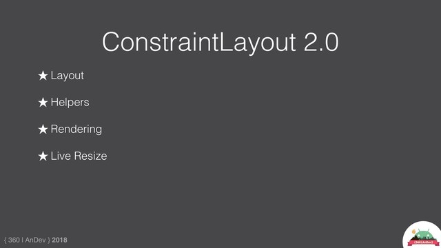 { 360 | AnDev } 2018
ConstraintLayout 2.0
★ Layout
★ Helpers
★ Rendering
★ Live Resize
