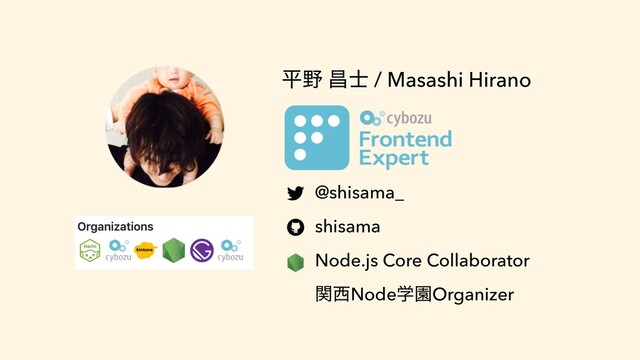 ฏ໺ ণ࢜ / Masashi Hirano
@shisama_
shisama
Node.js Core Collaborator
ؔ੢NodeֶԂOrganizer
