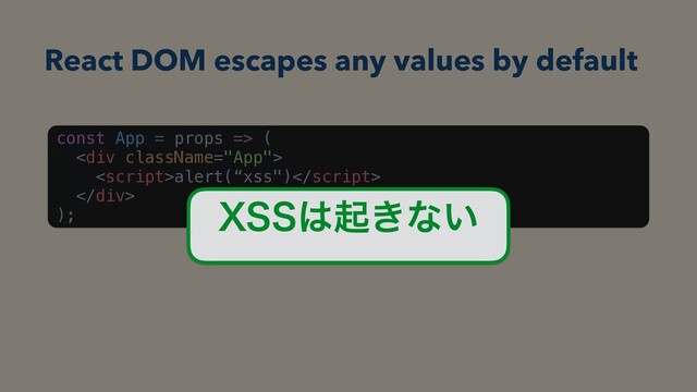 const App = props => (
<div>
alert(“xss")
</div>
);
React DOM escapes any values by default
944͸ى͖ͳ͍
