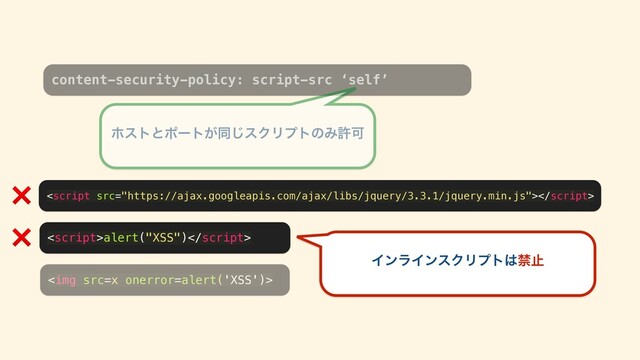 content-security-policy: script-src ‘self’
<img src="x">
alert("XSS")

ϗετͱϙʔτ͕ಉ͡εΫϦϓτͷΈڐՄ
❌
❌
ΠϯϥΠϯεΫϦϓτ͸ېࢭ

