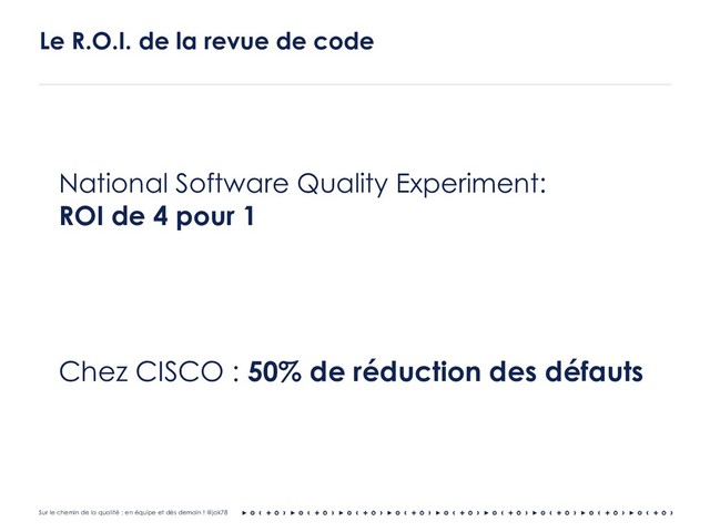 Sur le chemin de la qualité : en équipe et dès demain ! @jak78
National Software Quality Experiment:
ROI de 4 pour 1
Chez CISCO : 50% de réduction des défauts
Le R.O.I. de la revue de code
