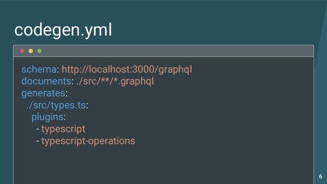schema: http://localhost:3000/graphql
documents: ./src/**/*.graphql
generates:
./src/types.ts:
plugins:
- typescript
- typescript-operations
codegen.yml
6
