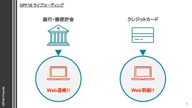 6 
UiPath Friends
UPF10 ライブコーディング
銀行・郵便貯金 クレジットカード
Web通帳!! Web明細!!
