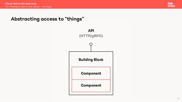 Cloud-Native Microservices:
On-Premises oder in der Cloud – mit Dapr
17
Abstracting access to “things”
