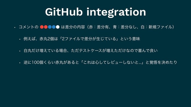 GitHub integration
w ίϝϯτͷ˔˔˔˔˔͸ࠩ෼ͷ಺༰ʢ੺ɿࠩ෼༗ɺ੨ɿࠩ෼ͳ͠ɺനɿ৽نϑΝΠϧʣ
w ྫ͑͹ɺ੺ؙݸ͸ʮϑΝΠϧͰࠩ෼͕ੜ͍ͯ͡Δʯͱ͍͏ҙຯ
w നؙ͚ͩ૿͍͑ͯΔ৔߹ɺͨͩςετέʔε͕૿͚͑ͨͩͳͷͰتΜͰྑ͍
w ٯʹݸ͘Β͍੺ؙ͕͋Δͱʮ͜Ε͸৺ͯ͠ϨϏϡʔ͠ͳ͍ͱʯͱ֮ޛΛܾΊͨΓ
