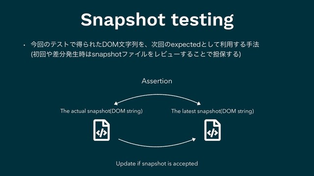 Snapshot testing
w ࠓճͷςετͰಘΒΕͨ%0.จࣈྻΛɺ࣍ճͷFYQFDUFEͱͯ͠ར༻͢Δख๏ 
ॳճ΍ࠩ෼ൃੜ࣌͸TOBQTIPUϑΝΠϧΛϨϏϡʔ͢Δ͜ͱͰ୲อ͢Δ

The latest snapshot(DOM string)
The actual snapshot(DOM string)
Update if snapshot is accepted
Assertion
