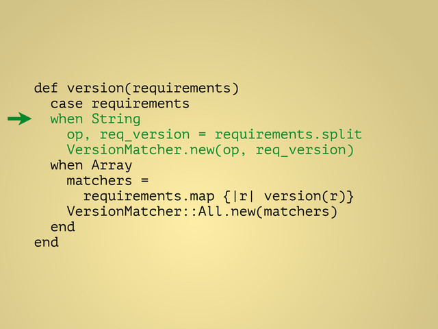 def version(requirements)
case requirements
when String
op, req_version = requirements.split
VersionMatcher.new(op, req_version)
when Array
matchers =
requirements.map {|r| version(r)}
VersionMatcher::All.new(matchers)
end
end
