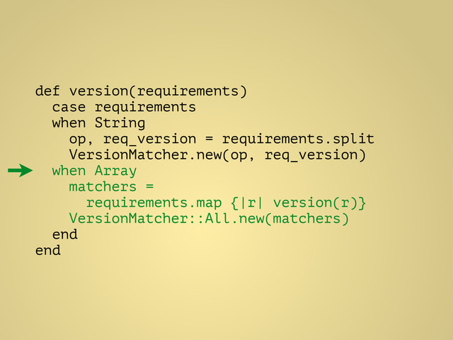 def version(requirements)
case requirements
when String
op, req_version = requirements.split
VersionMatcher.new(op, req_version)
when Array
matchers =
requirements.map {|r| version(r)}
VersionMatcher::All.new(matchers)
end
end
