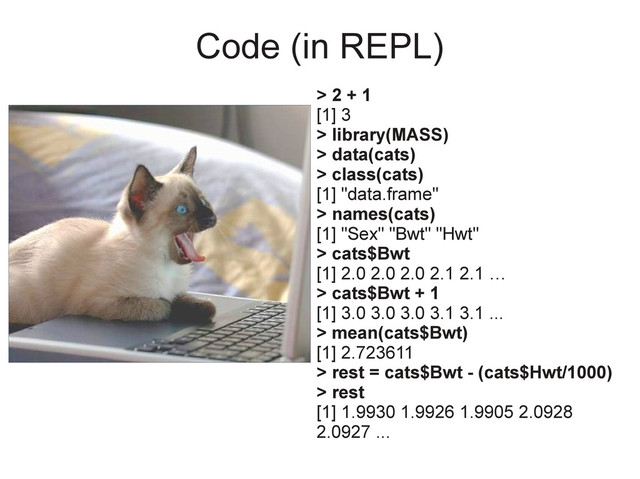 Code (in REPL)
> 2 + 1
[1] 3
> library(MASS)
> data(cats)
> class(cats)
[1] "data.frame"
> names(cats)
[1] "Sex" "Bwt" "Hwt"
> cats$Bwt
[1] 2.0 2.0 2.0 2.1 2.1 …
> cats$Bwt + 1
[1] 3.0 3.0 3.0 3.1 3.1 ...
> mean(cats$Bwt)
[1] 2.723611
> rest = cats$Bwt - (cats$Hwt/1000)
> rest
[1] 1.9930 1.9926 1.9905 2.0928
2.0927 ...
