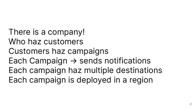 There is a company!
Who haz customers
Customers haz campaigns
Each Campaign → sends notifications
Each campaign haz multiple destinations
Each campaign is deployed in a region
2
